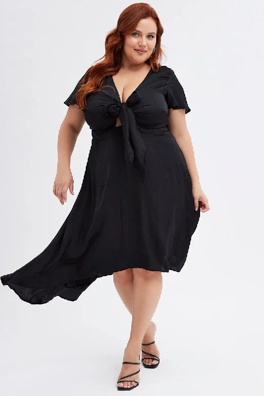 Casual Chic Black Midi Dress Short Sleeve Tie Back Satin