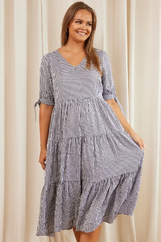 Season Sale Check Midi Dress V-neck Short Sleeve