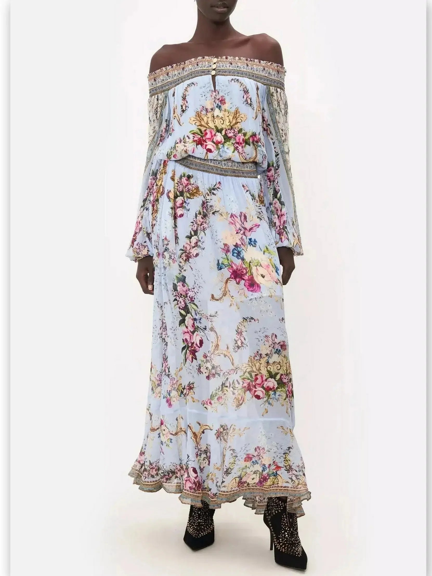 Limited Stock, Big Sale Off-Shoulder Light Blue with Multicolor Floral-Print Shirred Dress