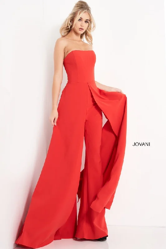 Casual Chic Clothing Jovani 03529 Red Jumpsuit Wide Leg Side Overlays Strapless Straight Neckline