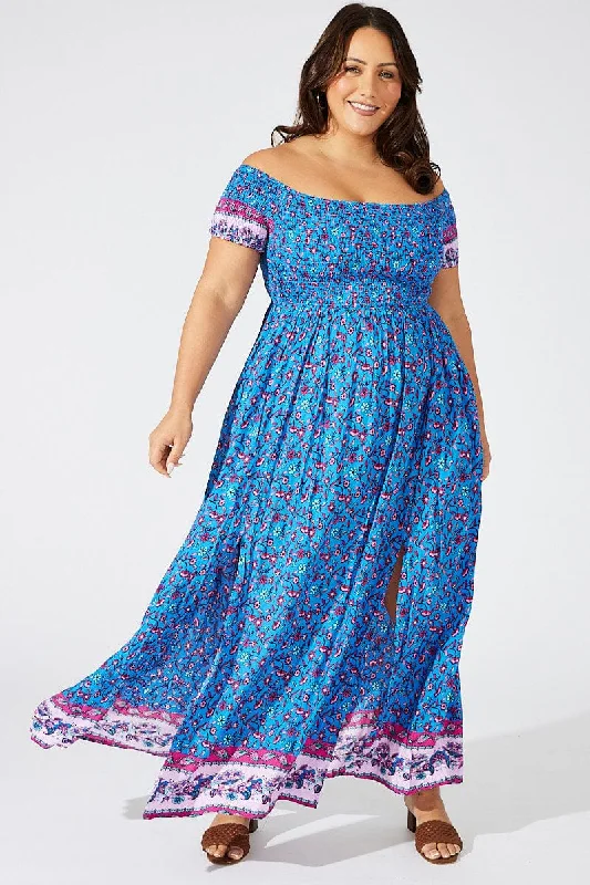 Ride The Style Wave Blue Boho Maxi Dress Short Sleeve Shirred