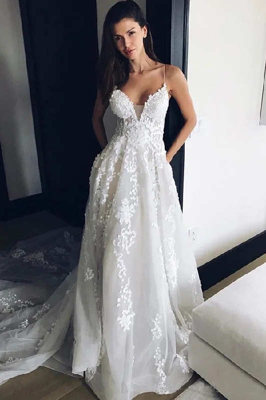 Preppy Style Spaghetti Strap V-Neck Beach Wedding Dresses with Court Train Tulle Bridal Dresses with Lace N1586