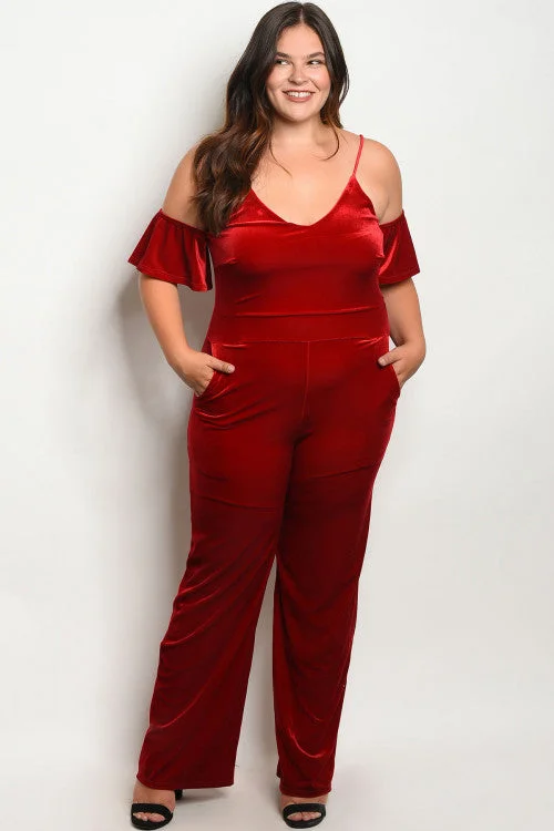 Innovate Your Wardrobe Red Velvet Cold Shoulder Plus Size Jumpsuit