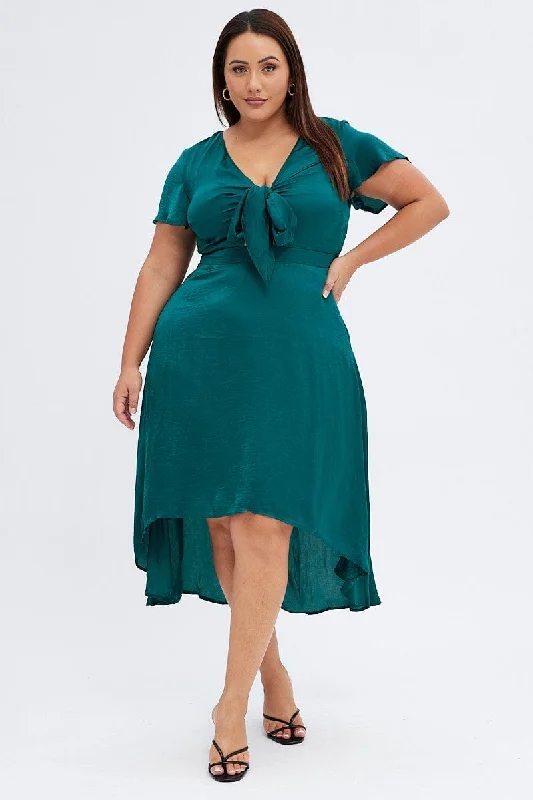 Fashion Essentials Green Midi Dress Short Sleeve Tie Back Satin