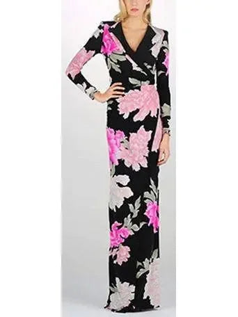 Odd Size Clearance Sale Floral Print Long Sleeve V-Neck Gown in Black