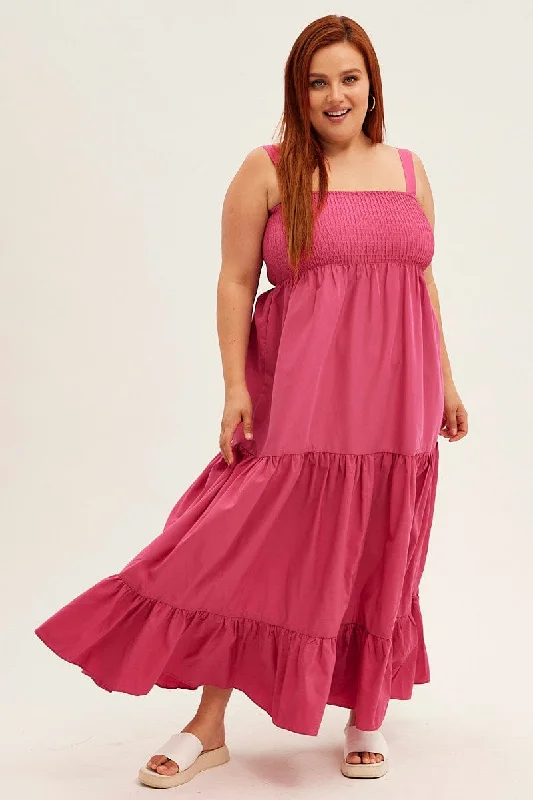 Stylish Looks Pink Maxi Dress Sleeveless Shirred Tiered