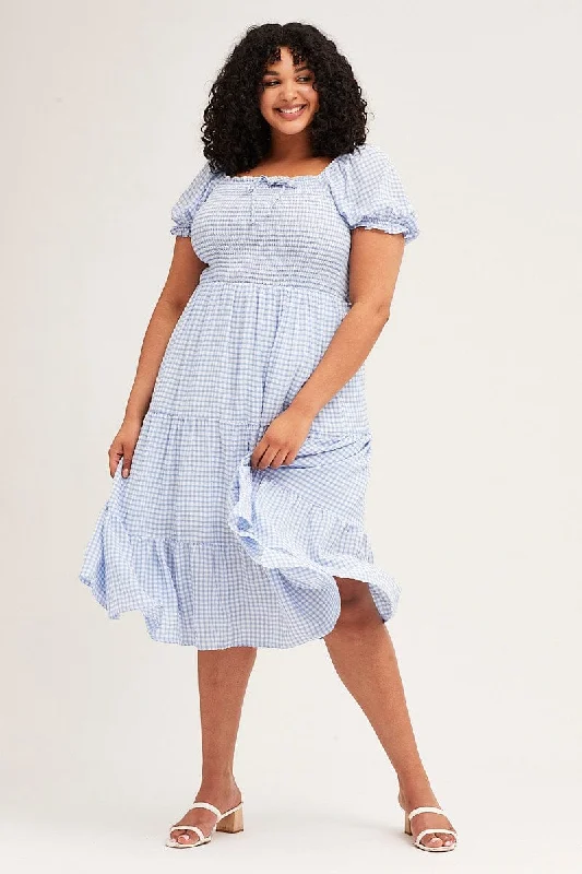 Style Redefined Check Short Sleeve Tiered Midi Dress