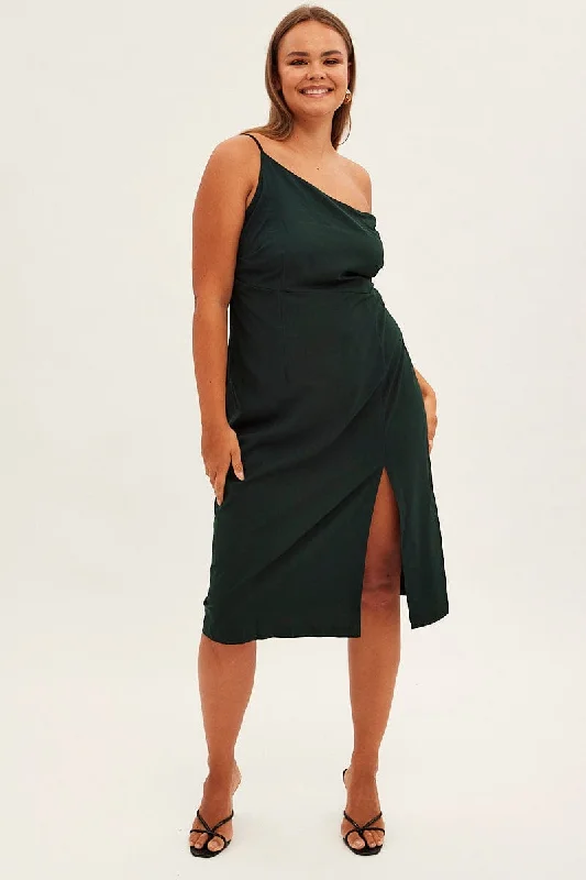 Inspired By You, Designed For You Green Midi Dress Asymmetrical Shoulder