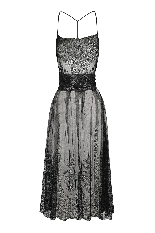 Trendy Attire For Her 1940s Black Lace Beaded Midi Dress