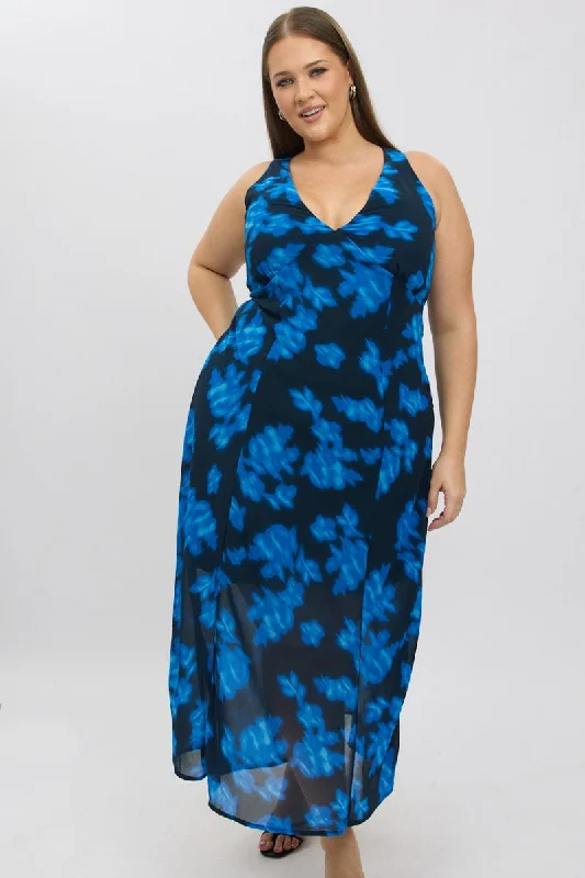 Style Revolution Blue Abstract Maxi Dress Sleeveless