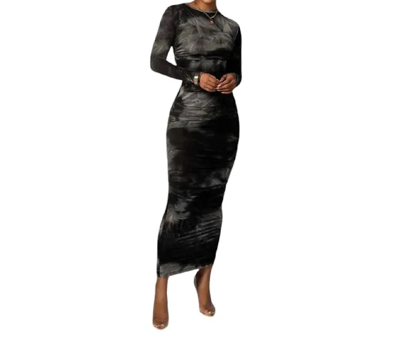 Hot Trends Marble Ruched Maxi Dress In Grey