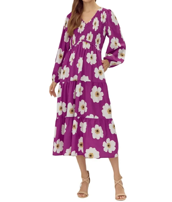 Luxury Fashion Flower Print Midi Dress In Magenta