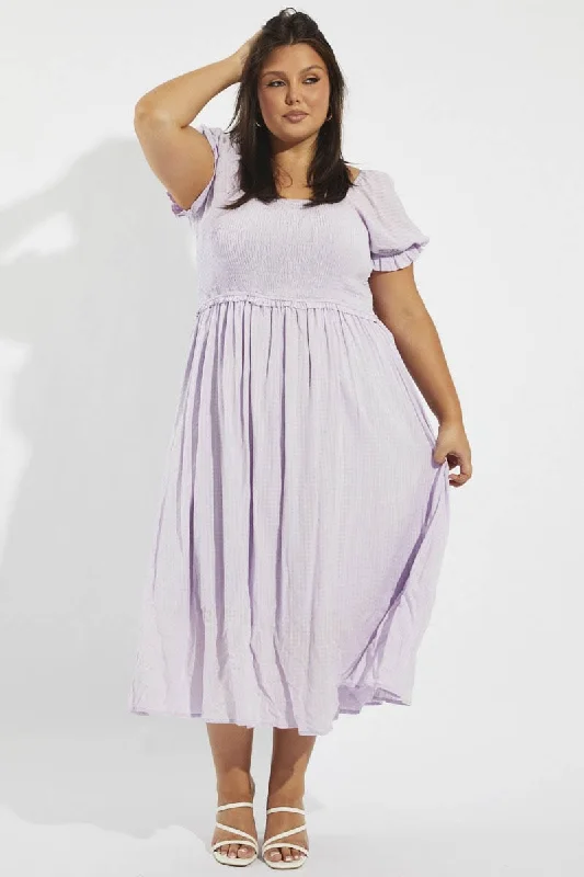 Trendy Aesthetics Purple Midi Dress Short Sleeve Shirred