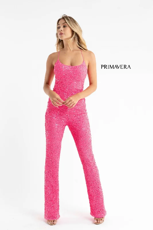 Online Boutique Stores Primavera Couture 3774 Size 0 Neon Pink Sequin Jumpsuit Scoop Neckline Lace Up Tie Back Straight Legs