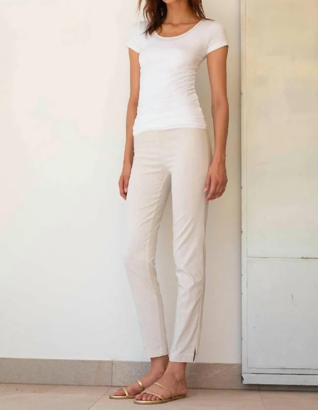 Versatile Wardrobe Essentials Pars Beige Seersucker Stripe Full-Length Pant