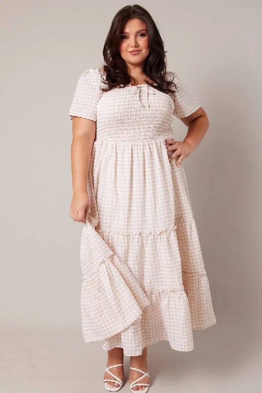 Special Offers, Don't Miss Beige Check Maxi Dress Short Sleeve Shirred Bust