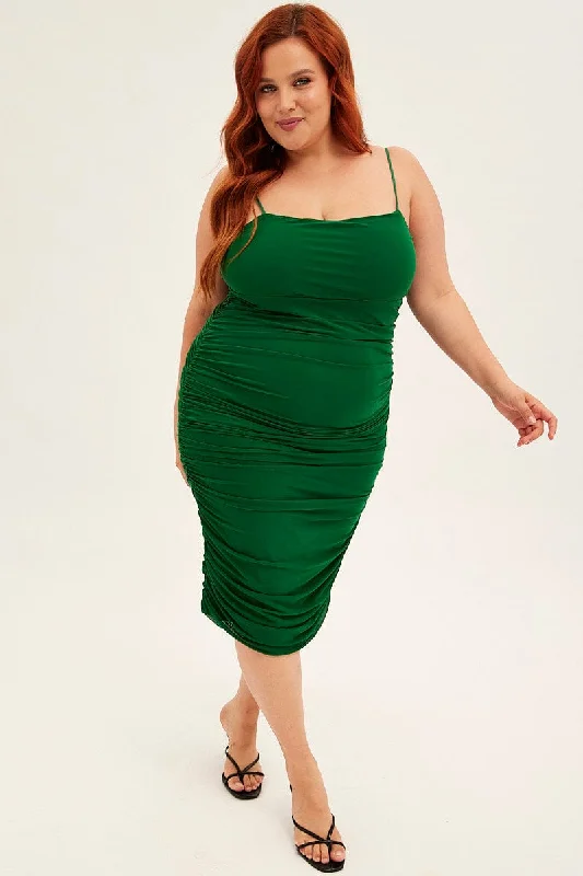 Exquisite Women's Wear Sale Green Midi Dress Mesh Ruched Side Shoestring Strap