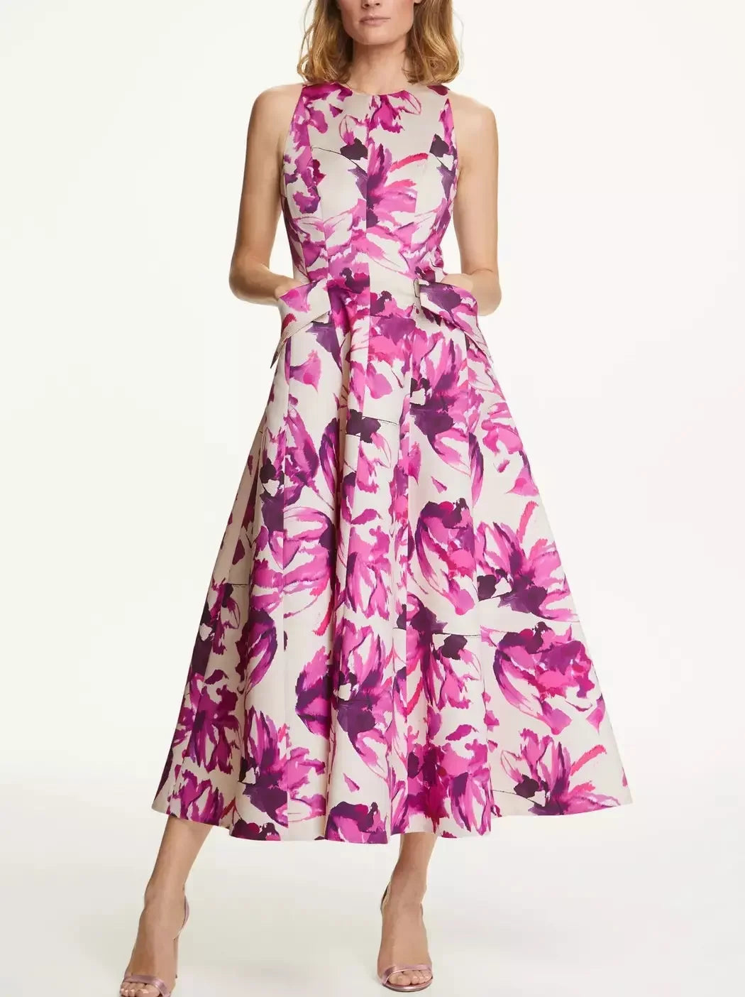 Embrace New Fashion Pink Floral Printed Sleeveless Flared Midi Dress