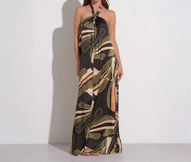 Minimalist Style Halter Tie Back Maxi Dress In Auve Abstract Print