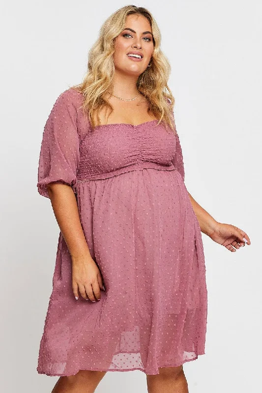 All Season Basics Discount Pink 3/4 Sleeve Chiffon Flocked Midi Dress