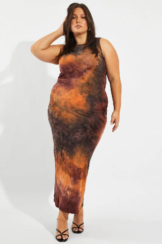 Wardrobe Upgrade Brown Abstract Maxi Dress Sleeveless Jersey