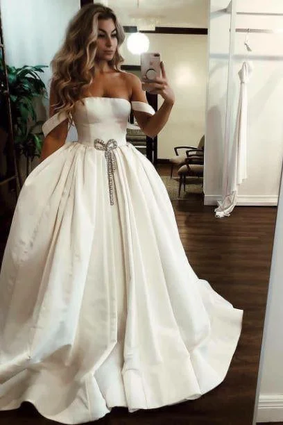 Must Haves Puffy Off the Shoulder Satin Long Wedding Dresses with Pockets Bridal Dresses N2095