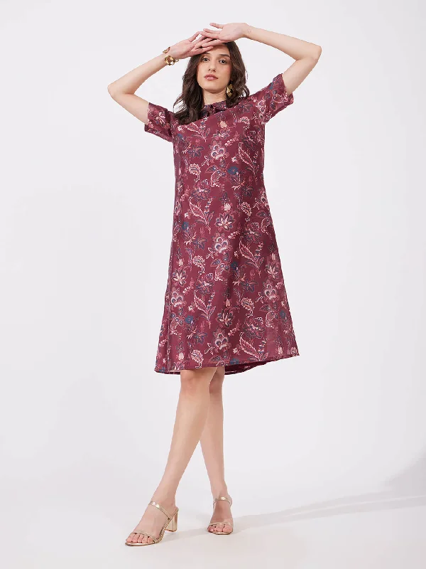 Fashion Sale Chanderi Floral Dress - Maroon