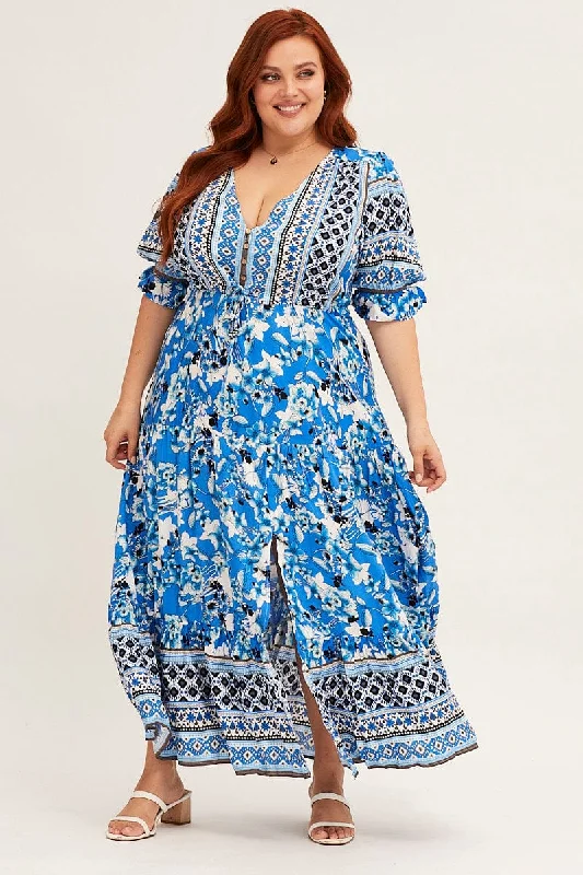 Stylish Savings Boho Print Short Bubble Sleeve Boho Print Maxi Dress