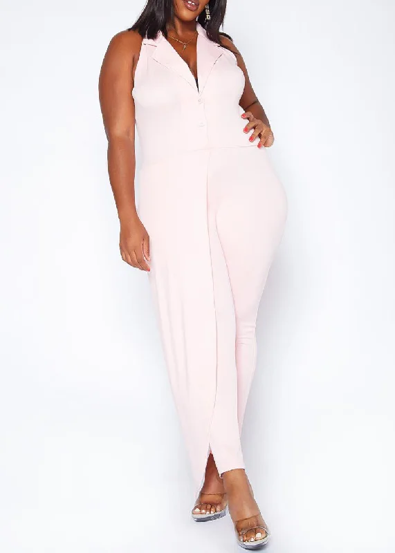 Pastel Styles Plus Size Asymmetric Overlay Notch Collar Jumpsuit