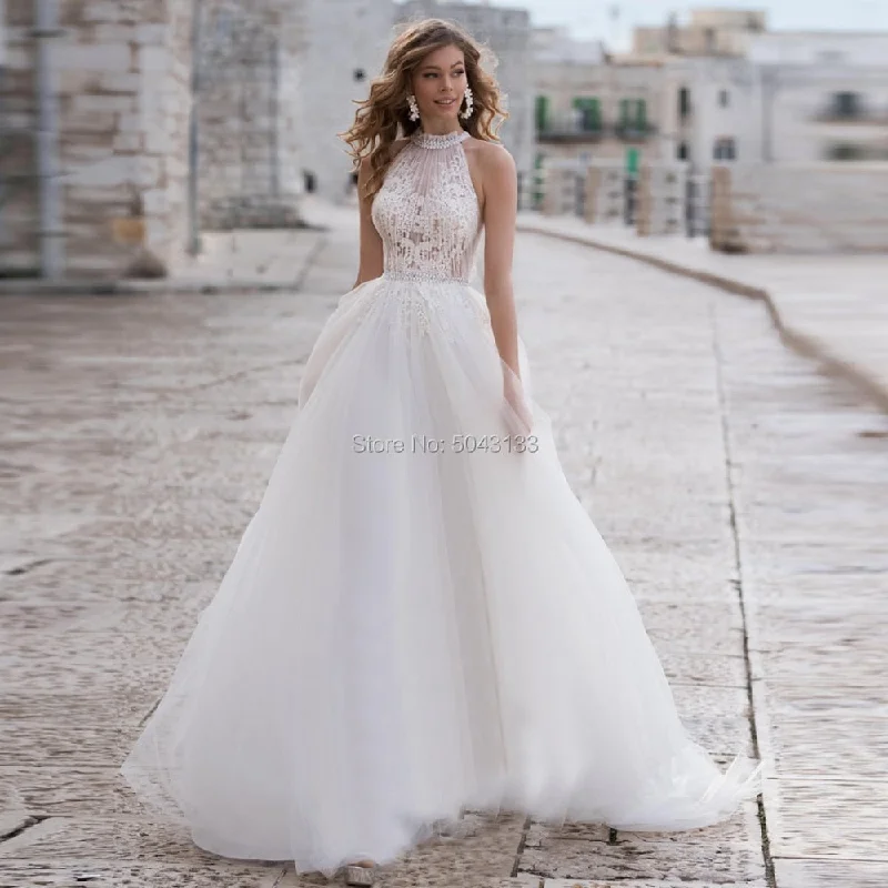 Discover Now Roycebridal Cheap Halter A Line Soft Tulle Wedding Dresses 2021 Inside Lace Appliques Beaded Sash Sleeveless Floor Length Turkey Bridal Gown