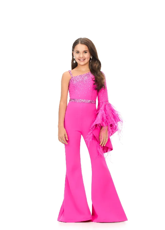 Online Clothing Boutiques Ashley Lauren Kids 8178 Size 12 Fuchsia Girls Jumpsuit Scuba One Shoulder Jumpsuit with Bell Sleeve