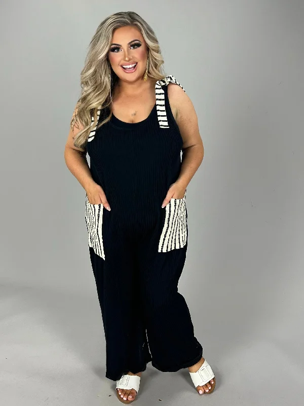 Elegant Attire For The Modern Lady LD-O {Nothing Wrong About It} Black w/Stripe Print  Overall Romper PLUS SIZE 1X 2X 3X