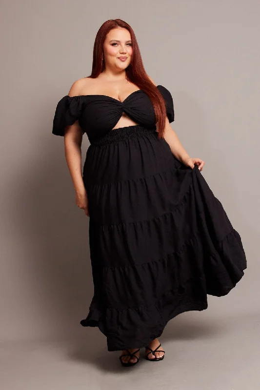 Exclusive Sale Black Maxi Dress Short Sleeve Twist Front