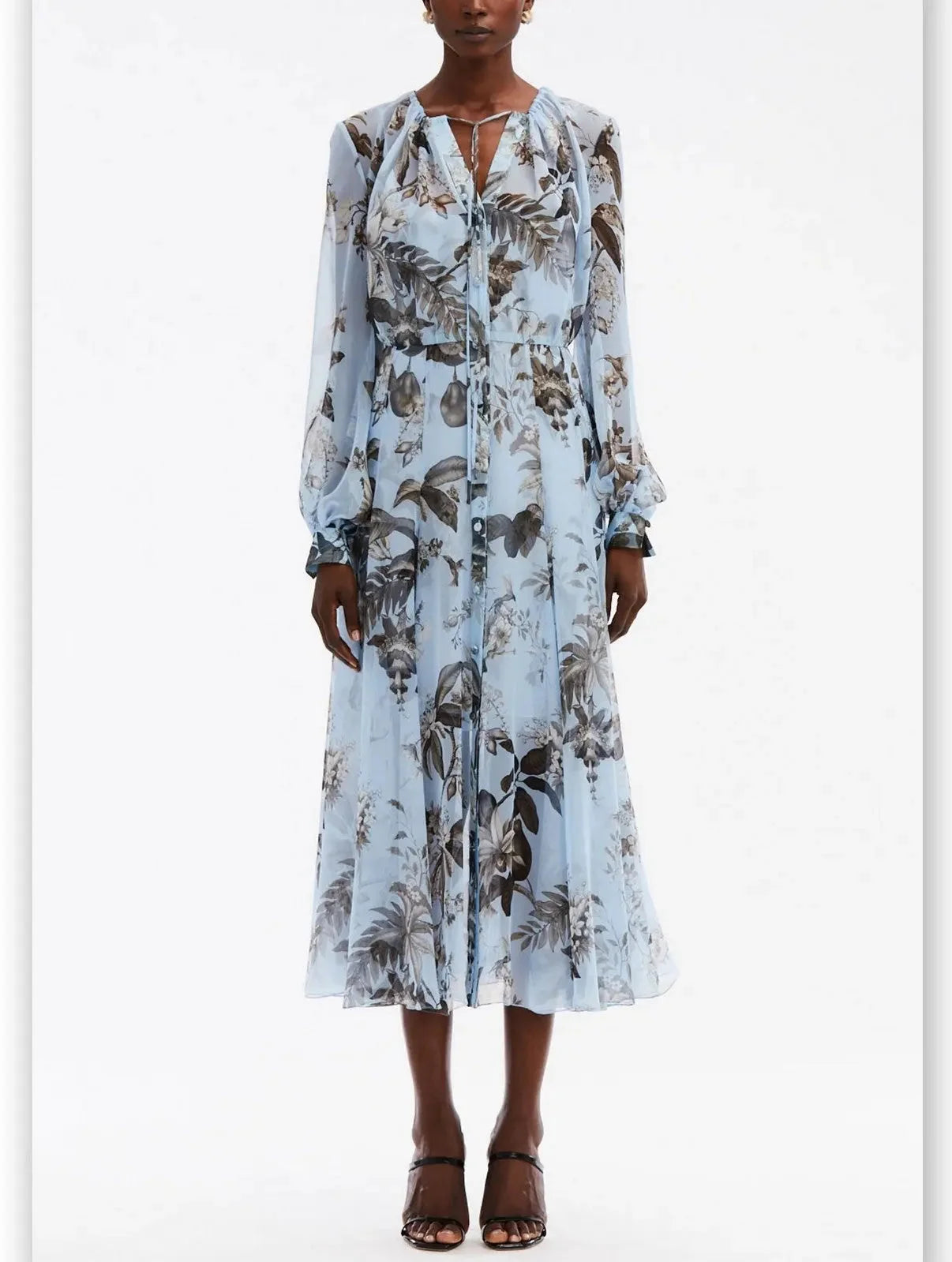 Premium Style Floral Print Silk Chiffon Midi Dress in Light Blue