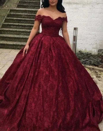 Trend Forward Threads Charming Burgundy Lace Ball Gown Off Shoulder prom dress Wedding Dresses cg2623