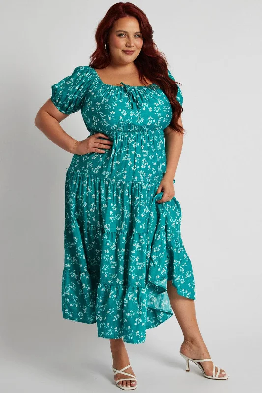 Wardrobe Upgrade Green Ditsy Midi Dress Short Sleeve Ruched Bust