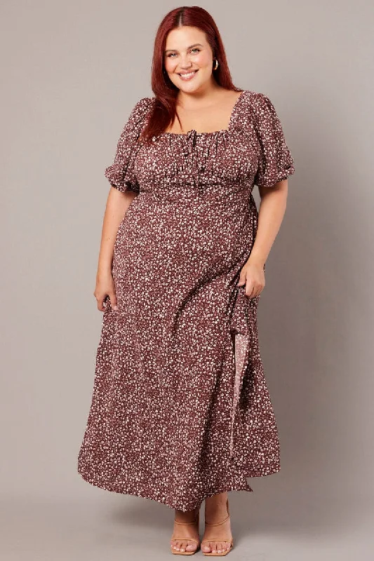 Seasonal Sale Brown Ditsy Midi Dress Short Sleeve Side Split