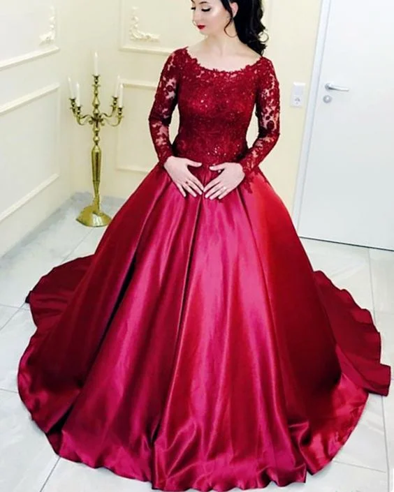 Summer Deals Burgundy ball gown wedding dresses lace long sleeves prom dress   cg16247