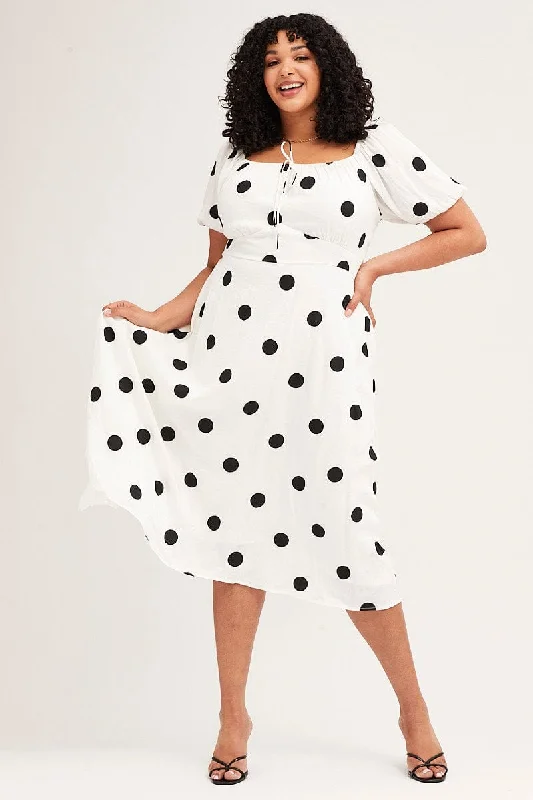 Versatile Wardrobe Essentials Polka Dot Midi Dress Square Neck Short Sleeve