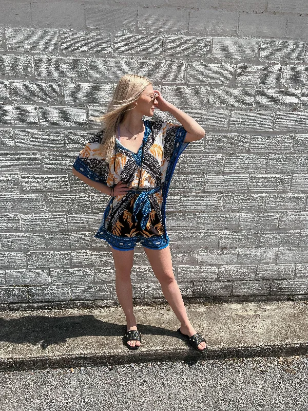 Street Style Fashion Tropical Print Kimono Sleeve Romper