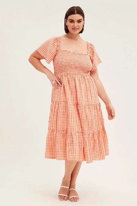 The Latest Fashion Trends Check Midi Dress Off Shoulder Short Sleeve