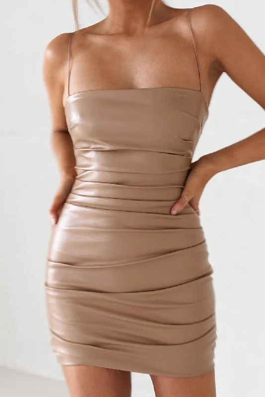 Budget Friendly Vegan Leather Mini Dress - Tan