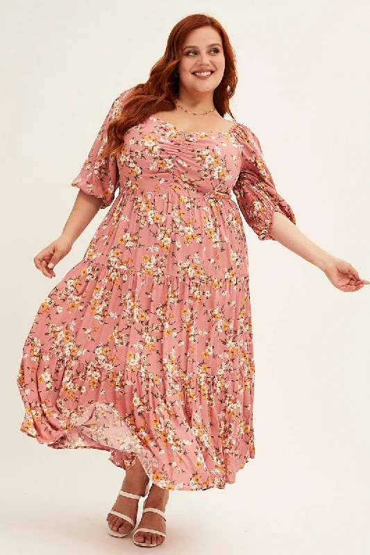 Casual Wear Ditsy Print Short Puff Sleeve Pink Ditsy Rayon Midi Dress