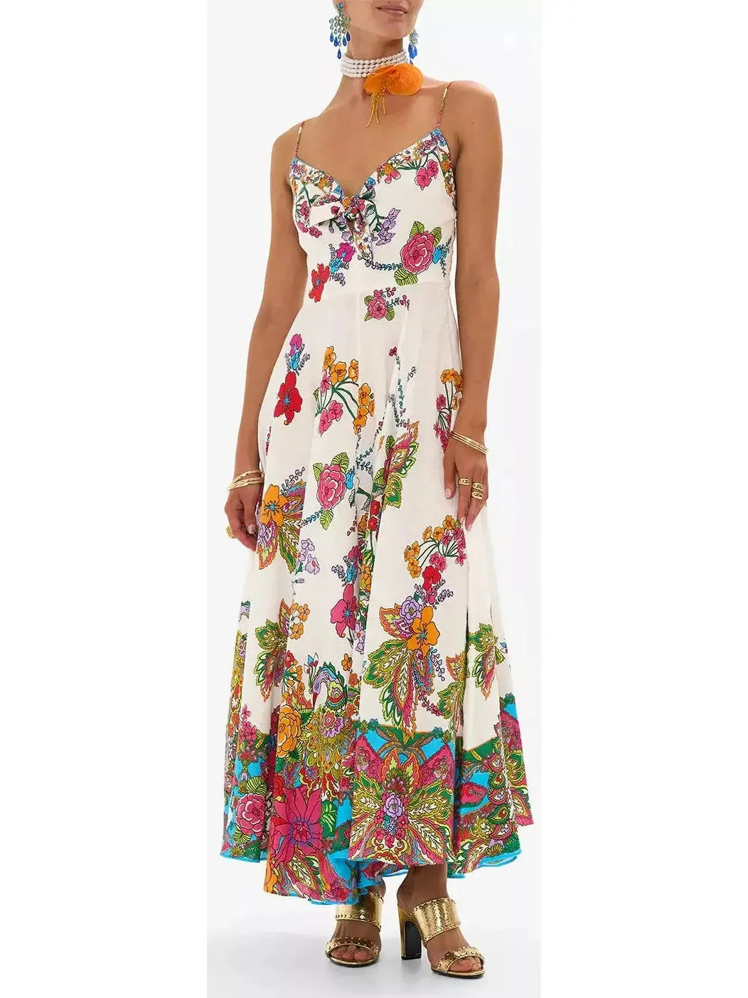 Limited Time Offer Multicolored Floral-Printed Tie-Front Linen Maxi Dress