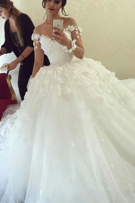 Daily Essentials Ball Gown Sheer Neck Long Wedding Dresses with Flowers Long Sleeves Puffy Bridal Dresses N2080