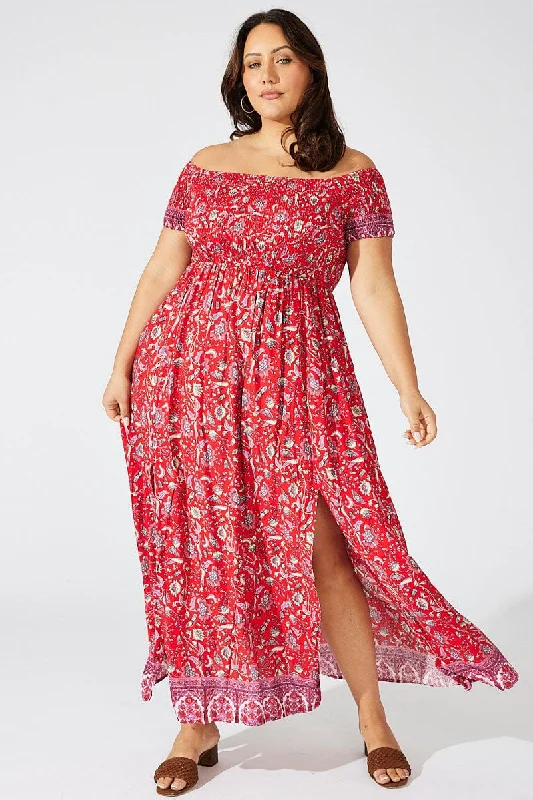 Elevate Your Wardrobe Red Boho Maxi Dress Short Sleeve Shirred