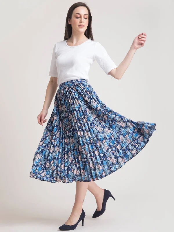 Chic & Cozy Apparel Pleated Flared Floral Midi Skirt - Blue