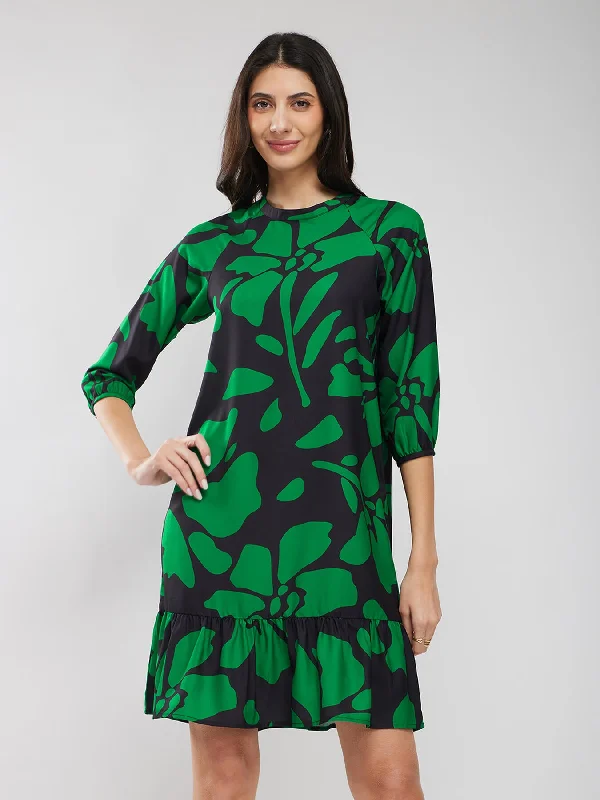 Stylish Savings Raglan Sleeves Floral Print Dress - Black And Green