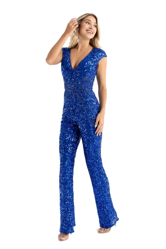 Online Shopping Boutiques Primavera Couture 3775 Size 00 Royal Blue Sequined Jumpsuit Beaded Waist and Hips Cap Sleeves