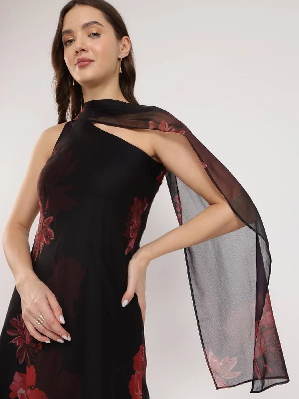 Exclusive Sale Scarf Detail A-Line Floral Dress - Black